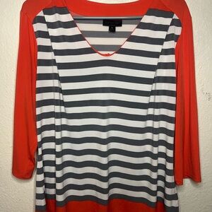Worthington Striped V-Neck Raglan Top in Orange, Gray and White